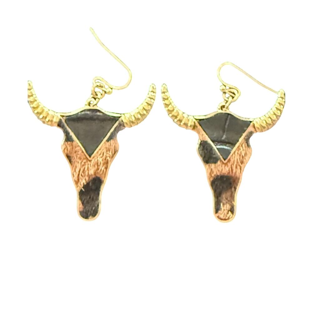 Western Longhorn Bull Skull Dangle Earrings Goldtone Calf Hair Texture Cowgirl